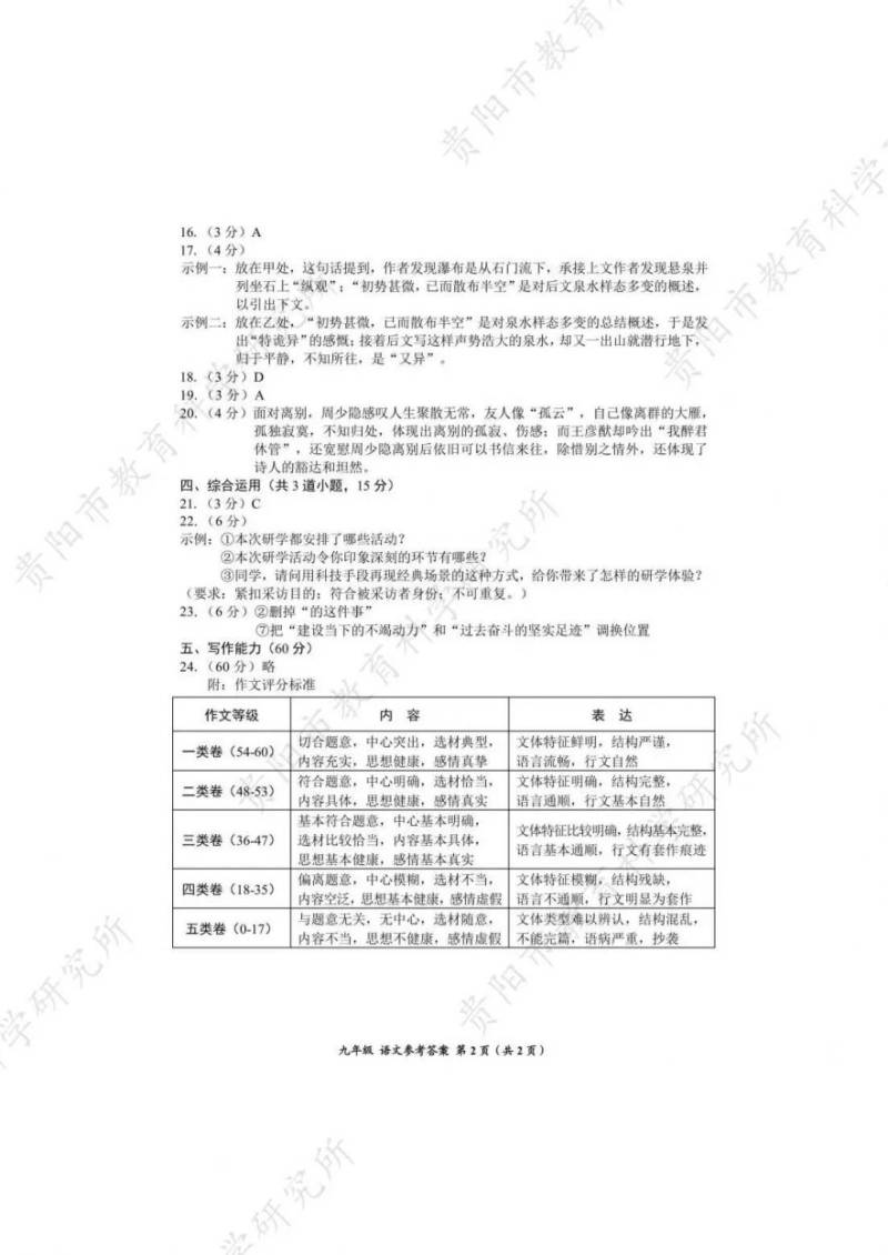 2025年1月贵阳初三期末考试参考答案汇总（2）