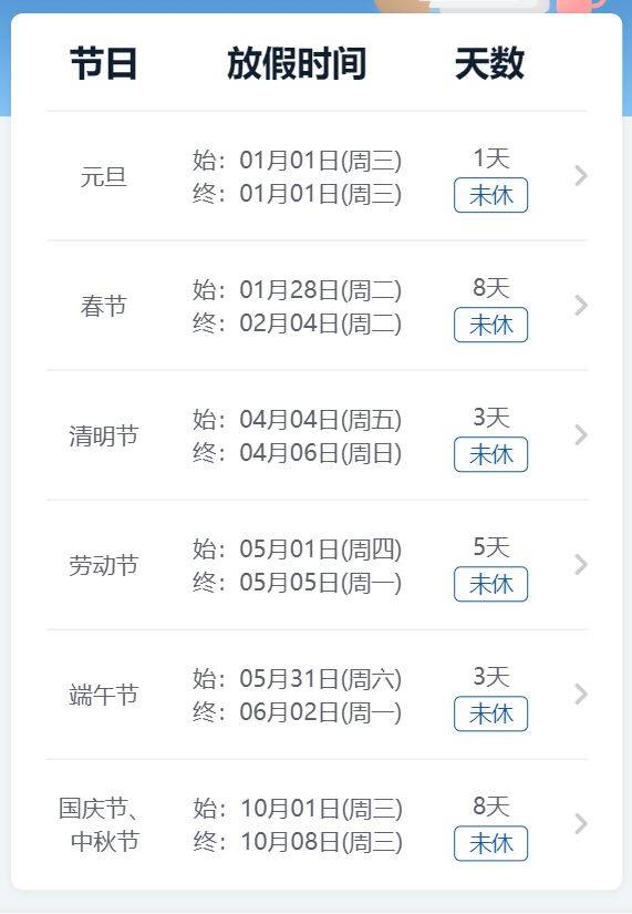 2025年节假日放假时间表
