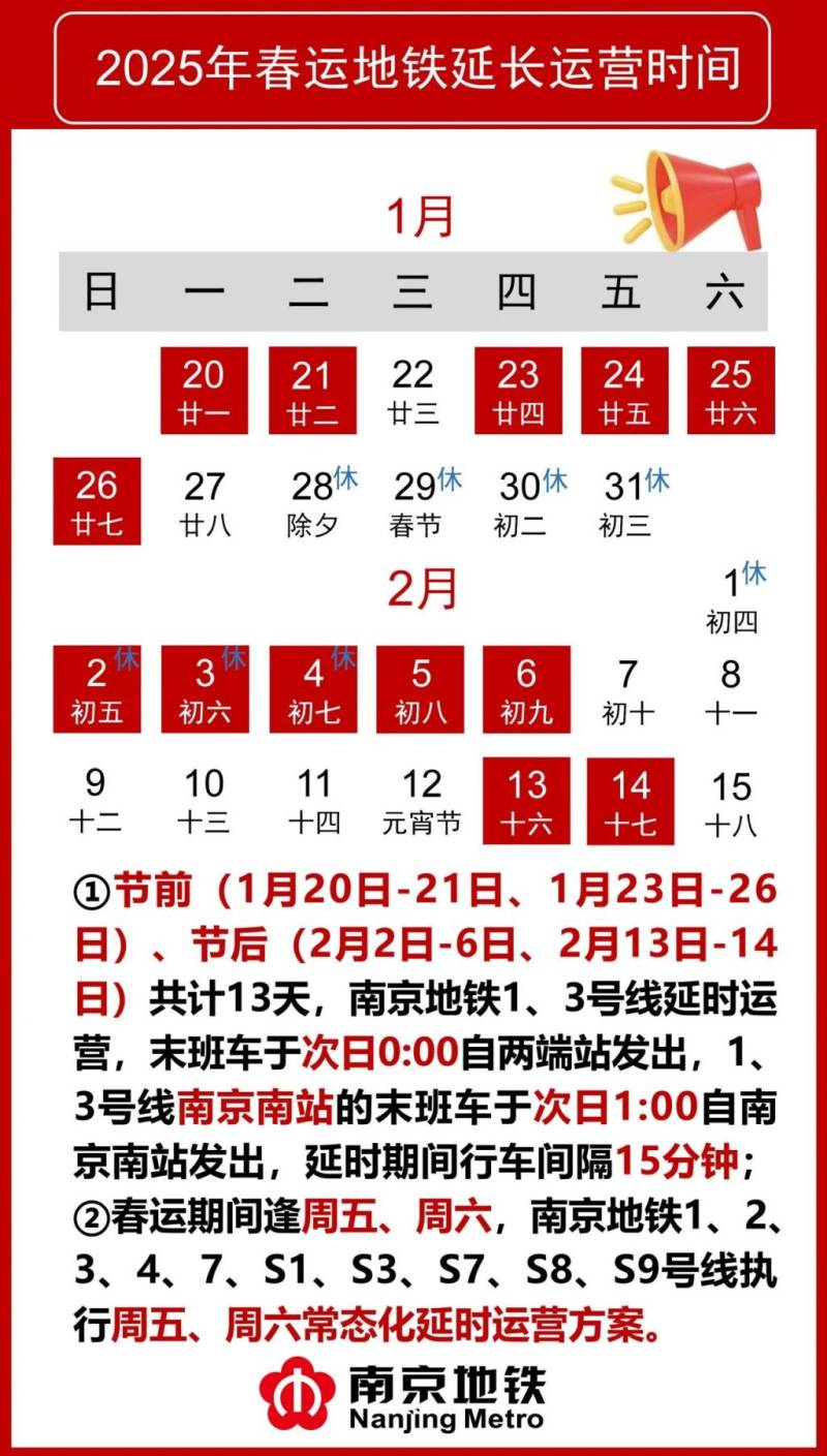2025年南京春运地铁延长运营时间