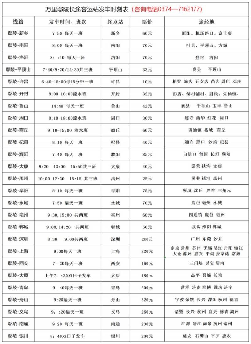 鄢陵客运站发车时间表2025