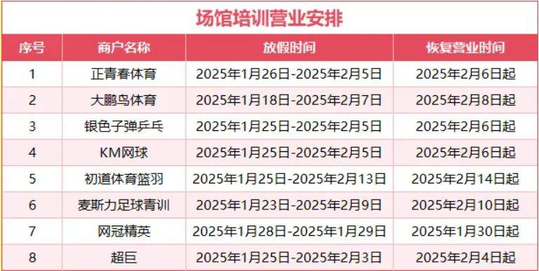 2025兰州奥体中心春节假期营业时间调整通知