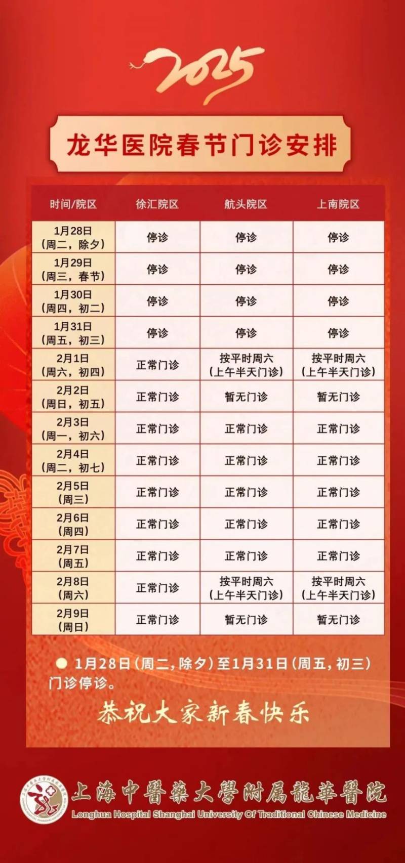 2025年春节期间 上海浦东各大医院门急诊安排(9) 2025年春节期间 上海浦东各大医院门急诊安排(9)