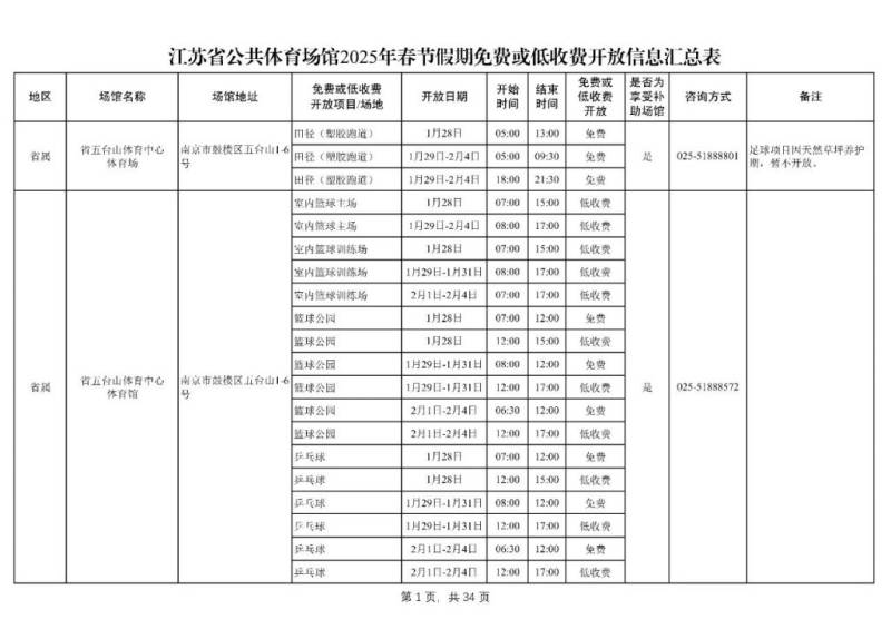 2025年春节假期南京市公共体育场馆免费或低收费开放公告