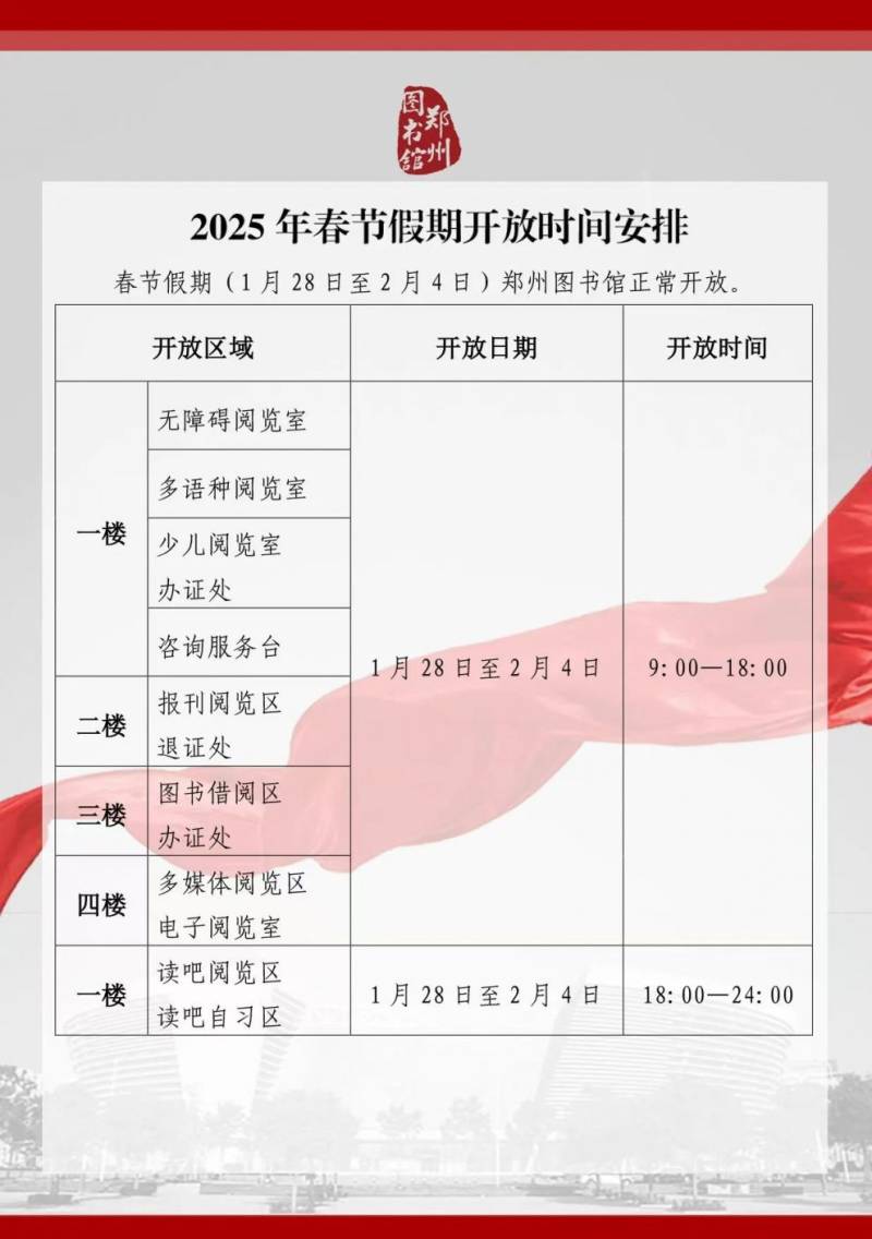 2025年郑州图书馆春节开放时间