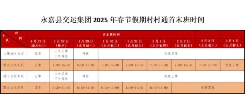 2025春节温州永嘉县公交班线首末班时间（9）