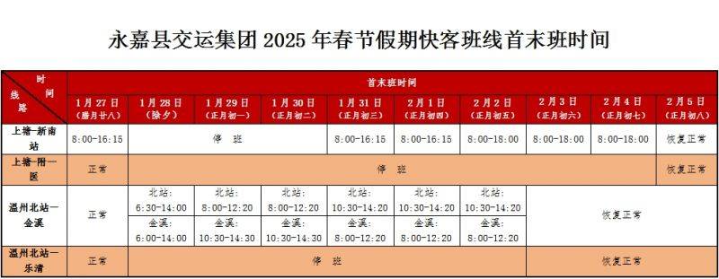 2025春节温州永嘉县公交班线首末班时间（10）