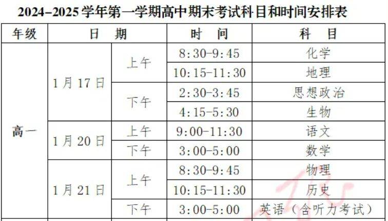2025厦门市质检时间+科目（高一）