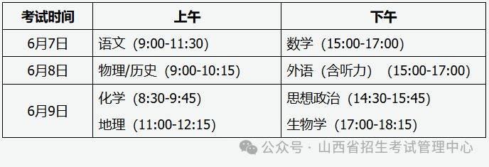 2025山西高考日程安排一览