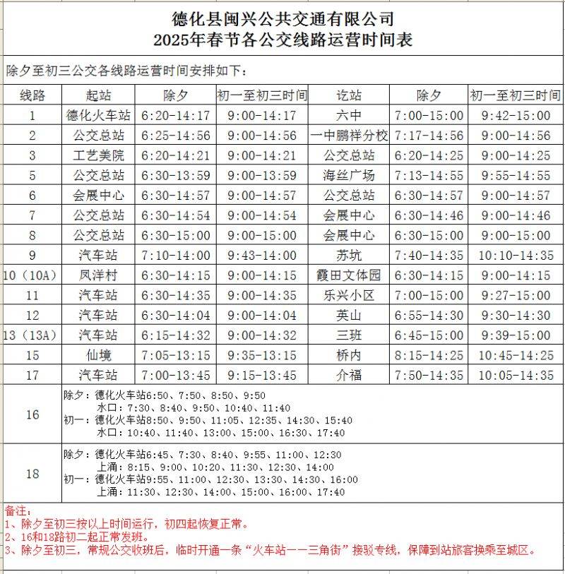2025年德化春节公交免费时间及运营时间