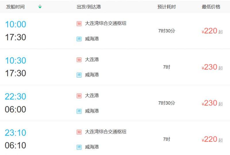 大连到威海船票时刻表