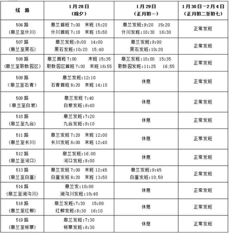 2025春节期间皋兰县公交车运营时间（2）