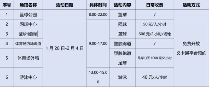 2025春节义乌梅湖体育中心免费开放时间