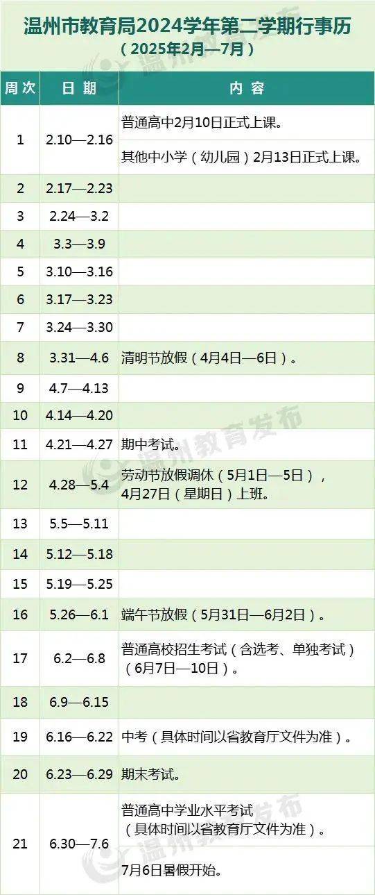 2025温州开学时间表最新