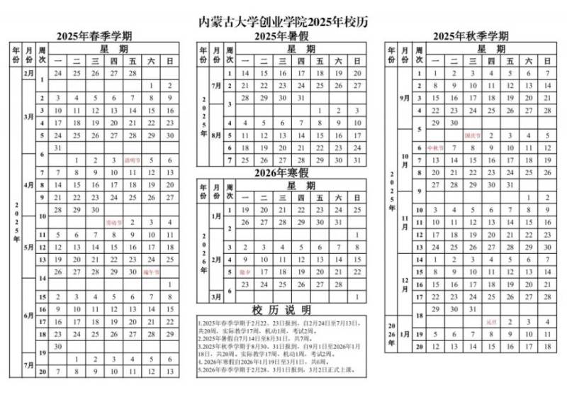 2025春季内蒙古大学创业学院开学时间（附校历）