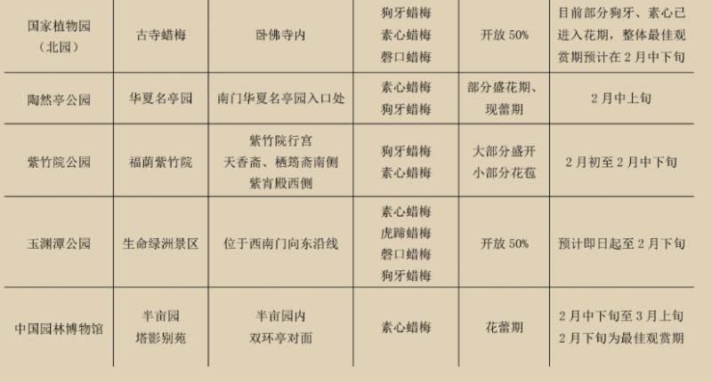 2025年北京蜡梅观赏时间地点信息一览表（2）
