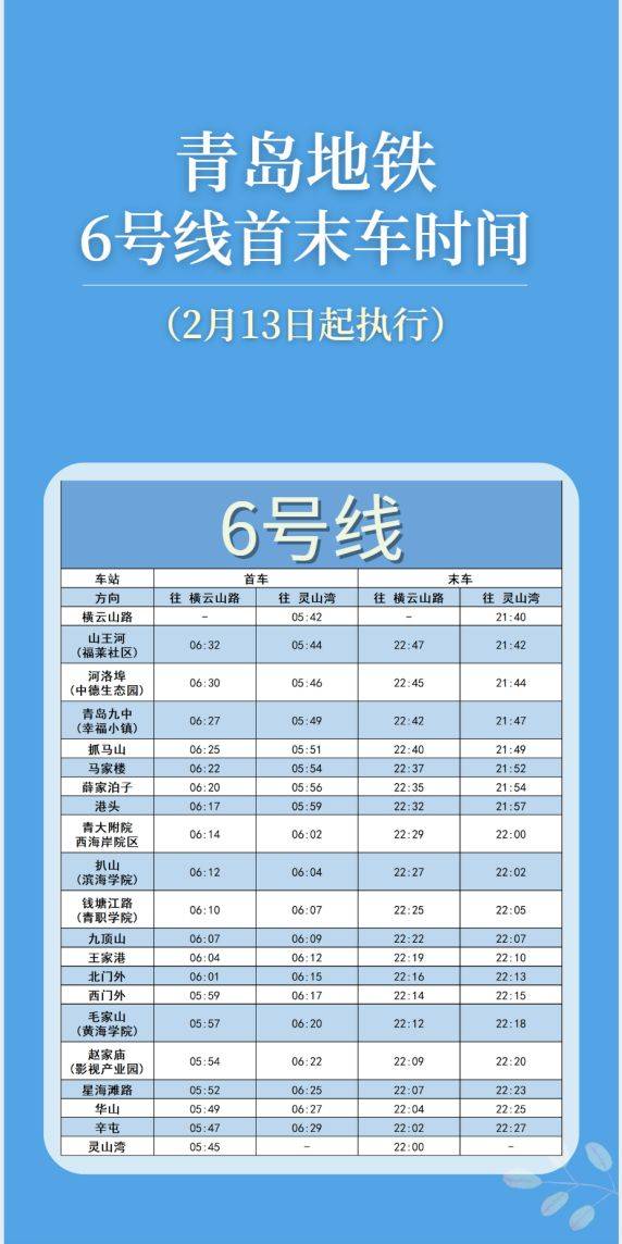 2025青岛地铁6号线首末车时间调整（2月13日起）