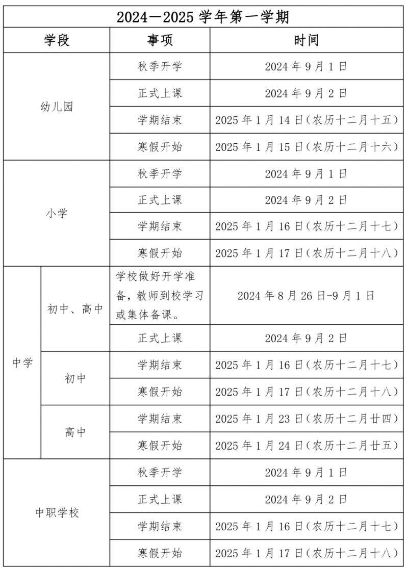 泉州2024—2025学年度幼儿园、中小学、中等职业学校校历