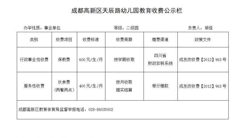 2025年成都高新区天辰路幼儿园春季学期收费公示
