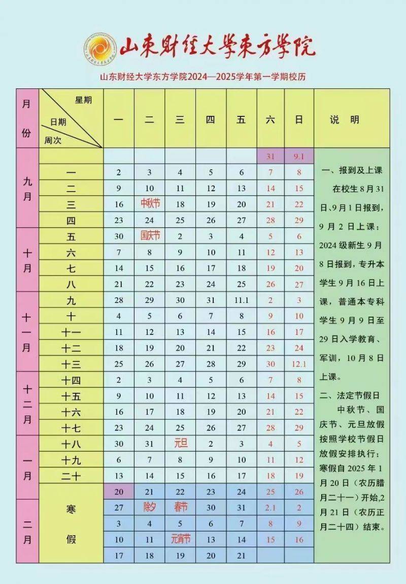 山东财经大学东方学院2024-2025学年校历