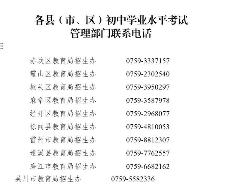 湛江各市区县中考管理部门咨询电话