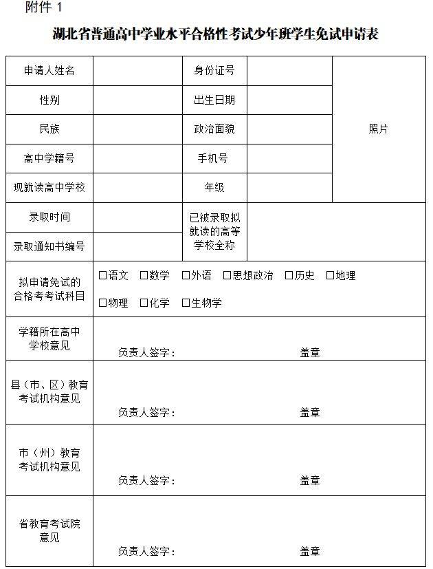 湖北省普通高中学业水平合格性考试少年班学生免试申请表