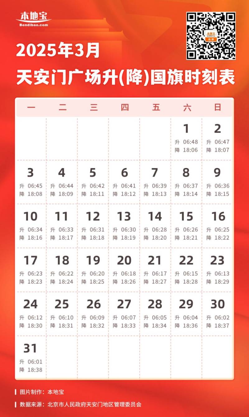 2025年3月北京天安门广场升降旗日历表 2025年3月北京天安门广场升降旗日历表