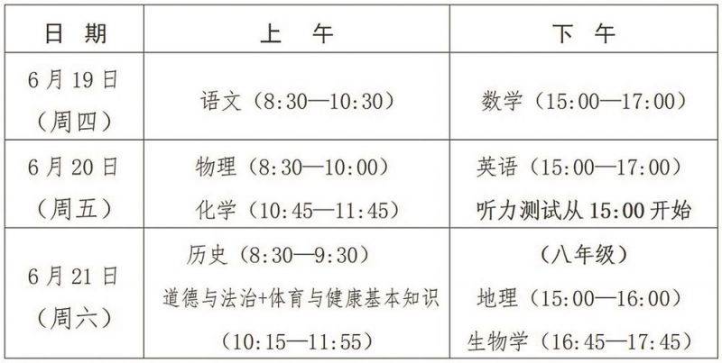 2025厦门中考考试时间表
