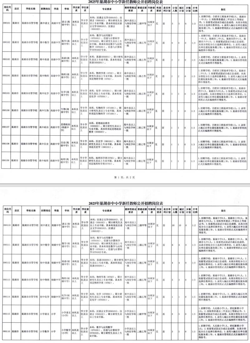 2025合肥巢湖市中小学新任教师公开招聘岗位表一览（50名）